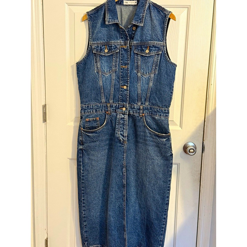 ZARA Blue Denim Collared Button Front Sleeveless Jumpsuit Dress pockets Size XL